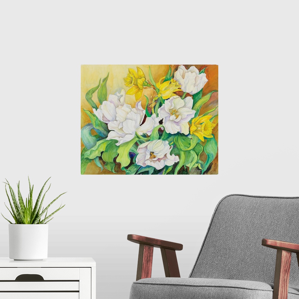 A modern room featuring Colorful contemporary painting of white and yellow flowers.