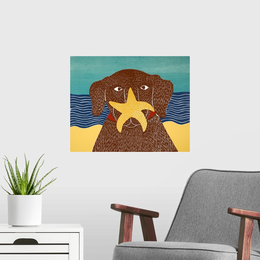 A modern room featuring Illustration of a chocolate lab at the beach with a starfish on its nose.