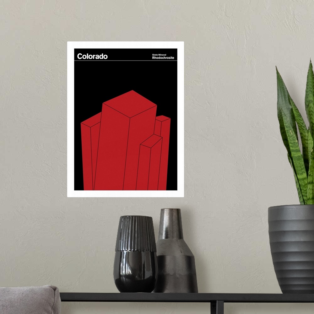 A modern room featuring State Posters - Colorado State Mineral: Rhodochrosite