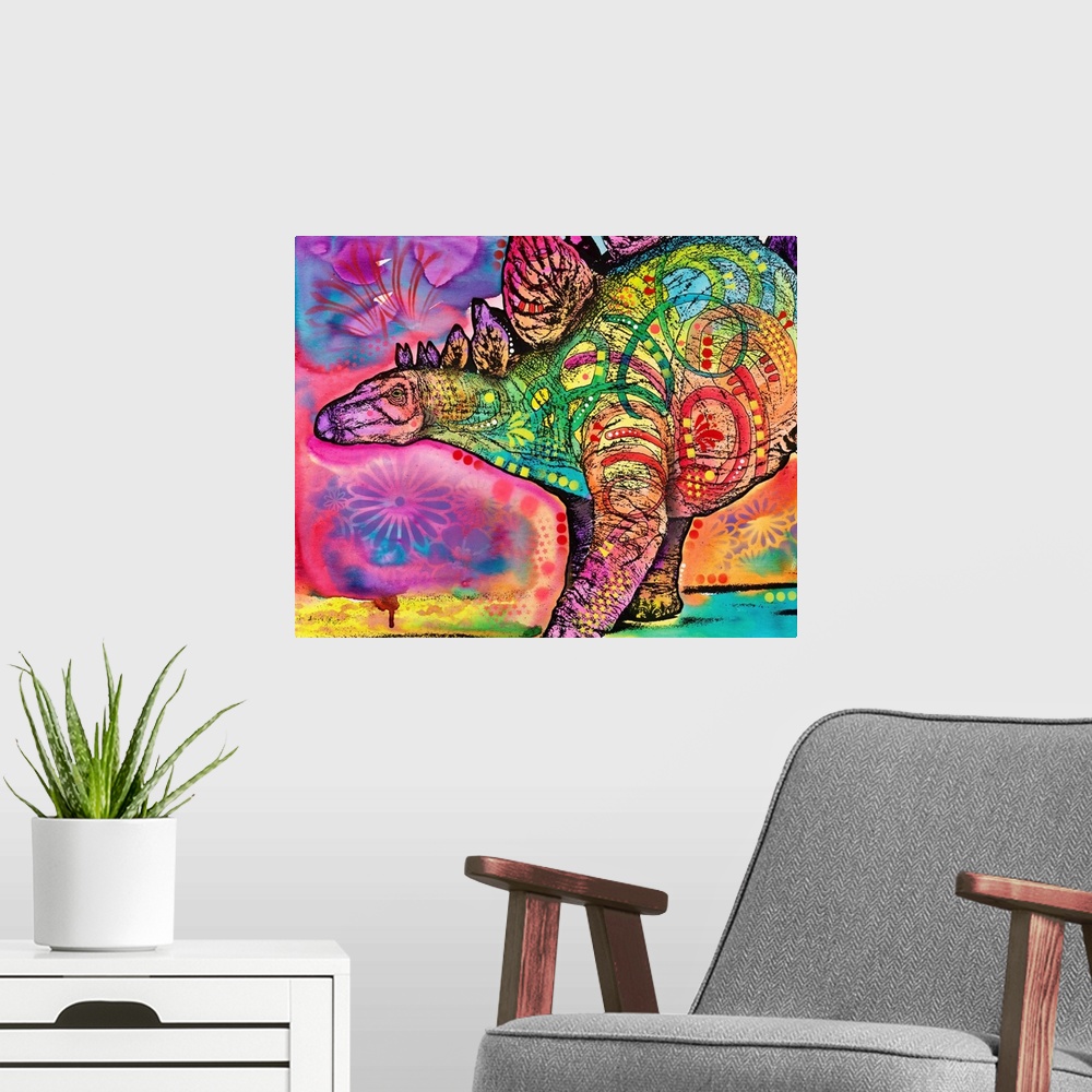 A modern room featuring Colorful painting of a Stegosaurus with abstract markings.