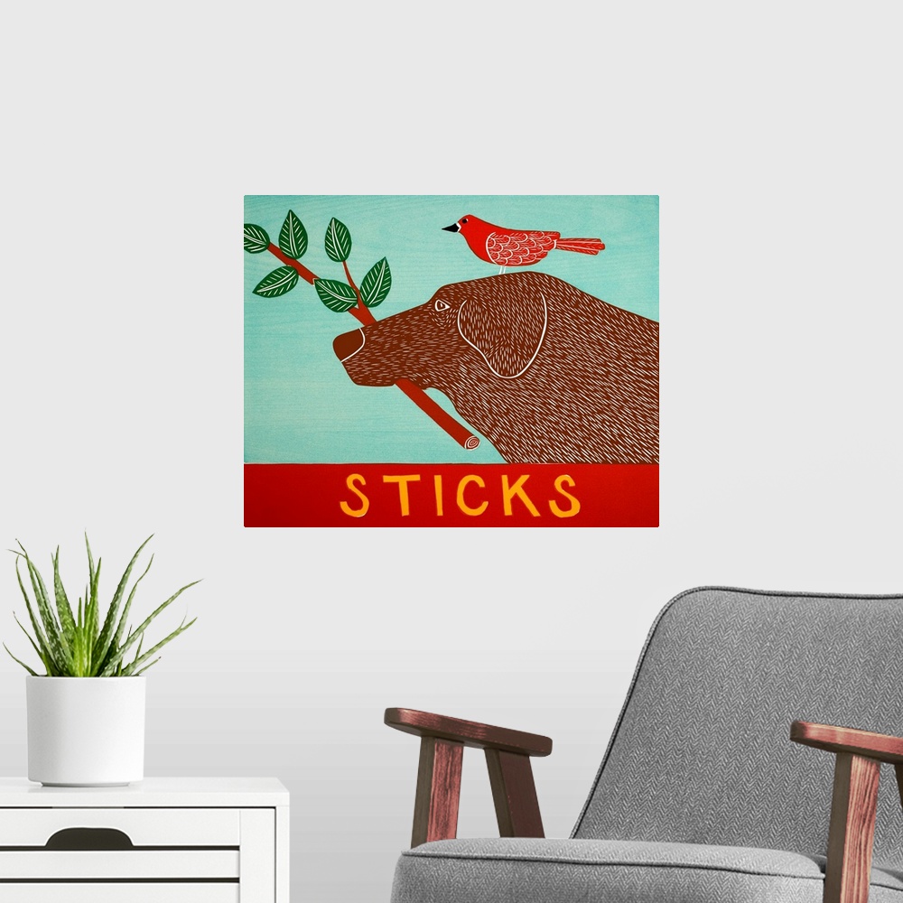 A modern room featuring Illustration of a chocolate lab with a red bird standing on its head and a leafy stick in its mouth.