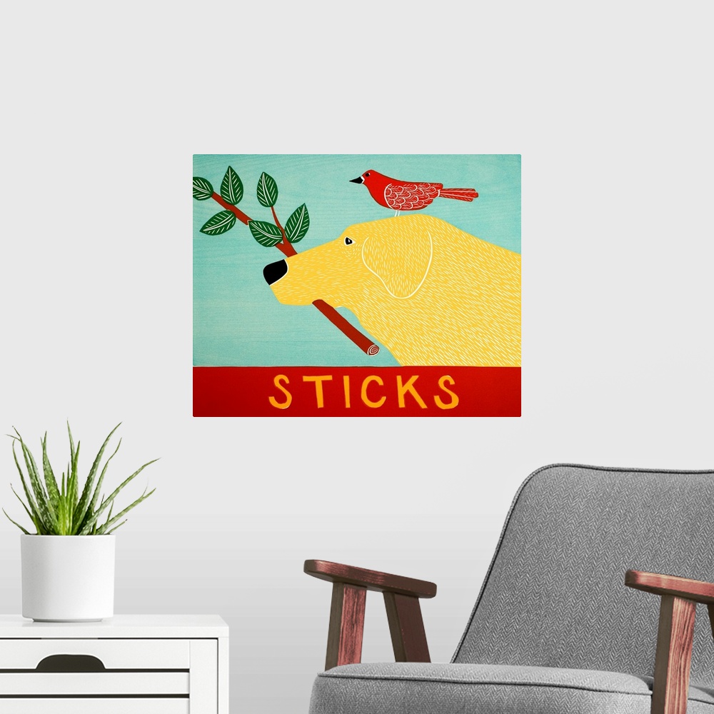 A modern room featuring Illustration of a yellow lab with a red bird standing on its head and a leafy stick in its mouth.