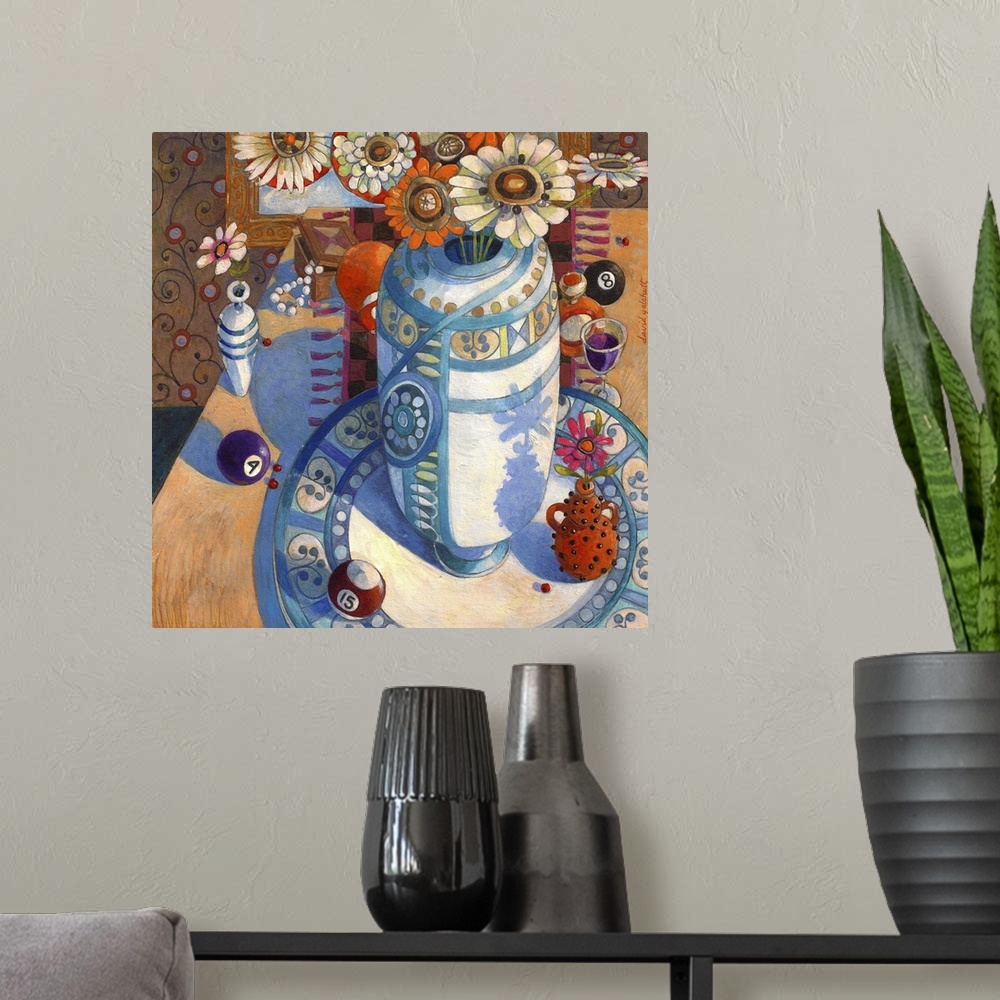 A modern room featuring Contemporary artwork of a still life of a vase and some flowers. With some billiard balls.