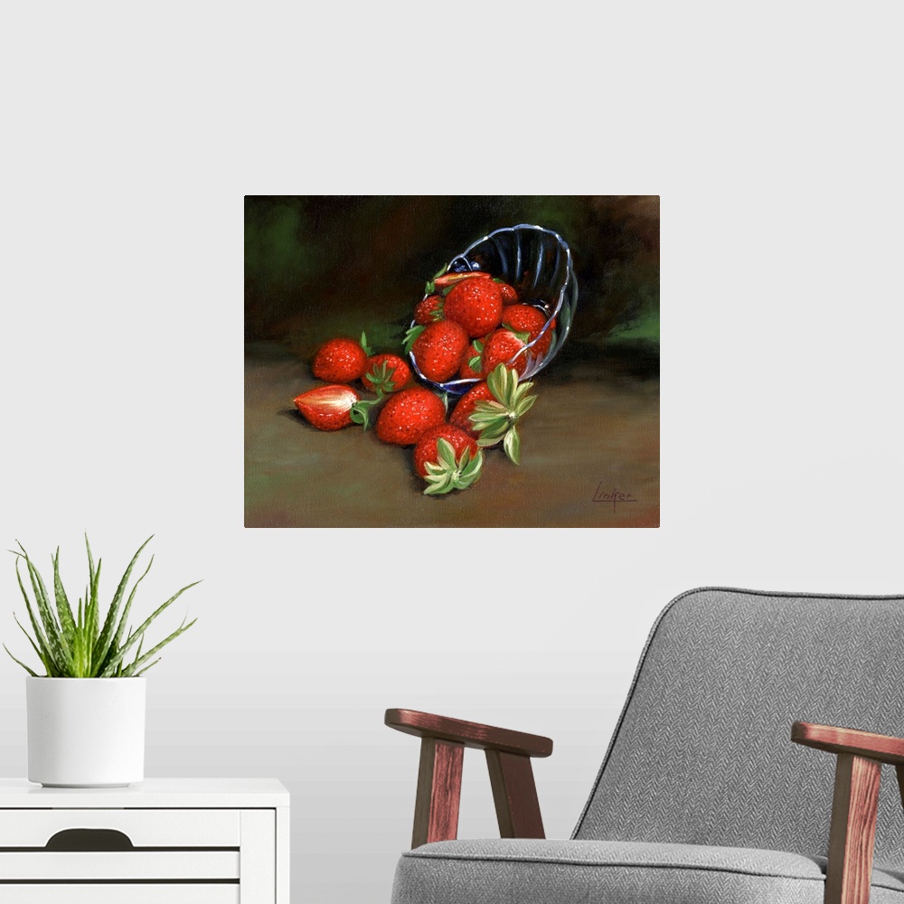 A modern room featuring Contemporary still life of a spilled bowl of strawberries.