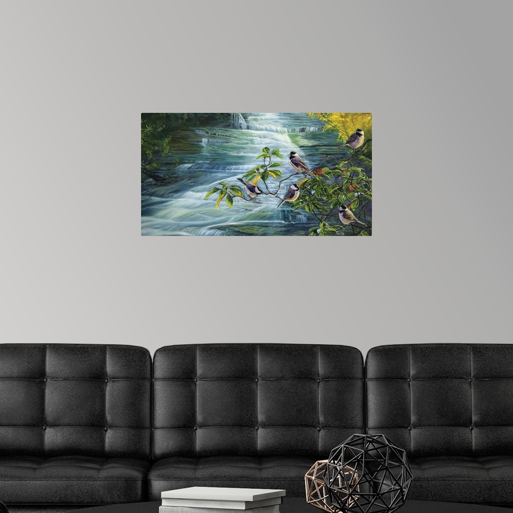 A modern room featuring chickadees on a branch on side of streambird