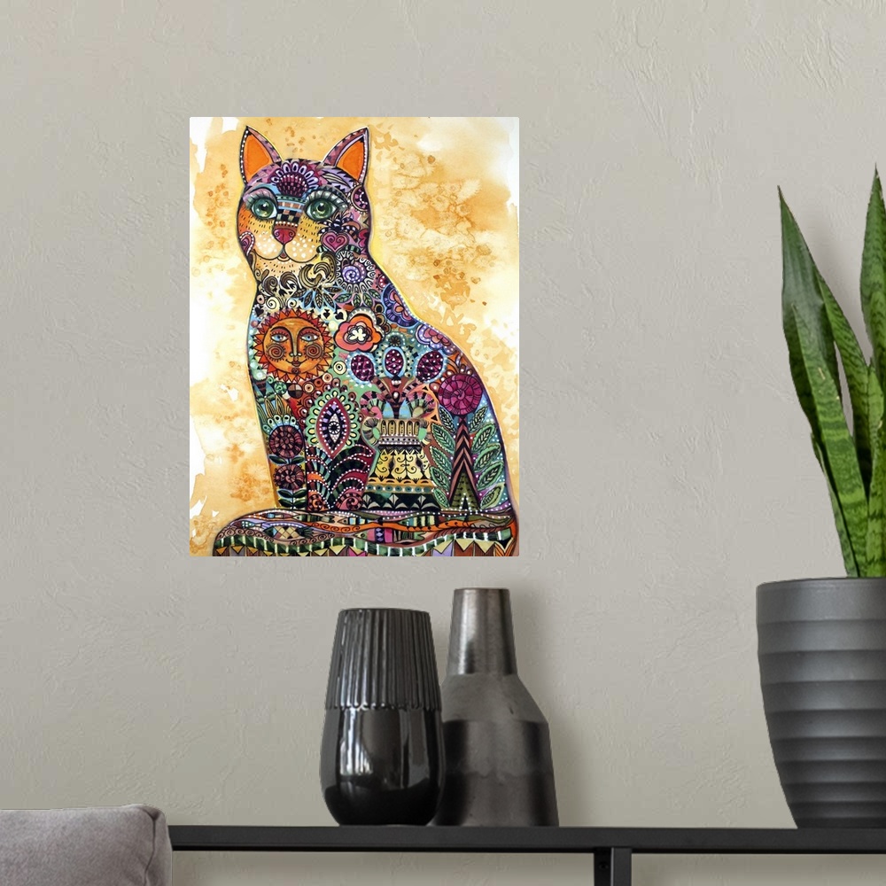 A modern room featuring Watercolor painting of a cat decorated with floral patterns and a smiling sun.