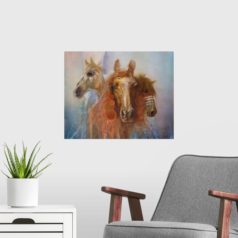 A modern room featuring A contemporary painting of three horse portraits with elaborate decorations and feathers hanging ...