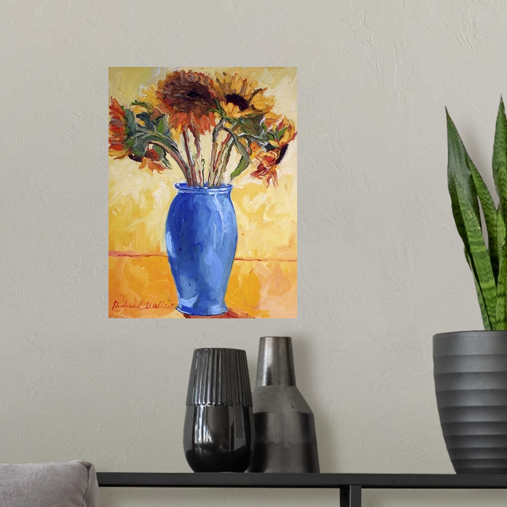 A modern room featuring Contemporary colorful painting of sunflowers in a blue vase.