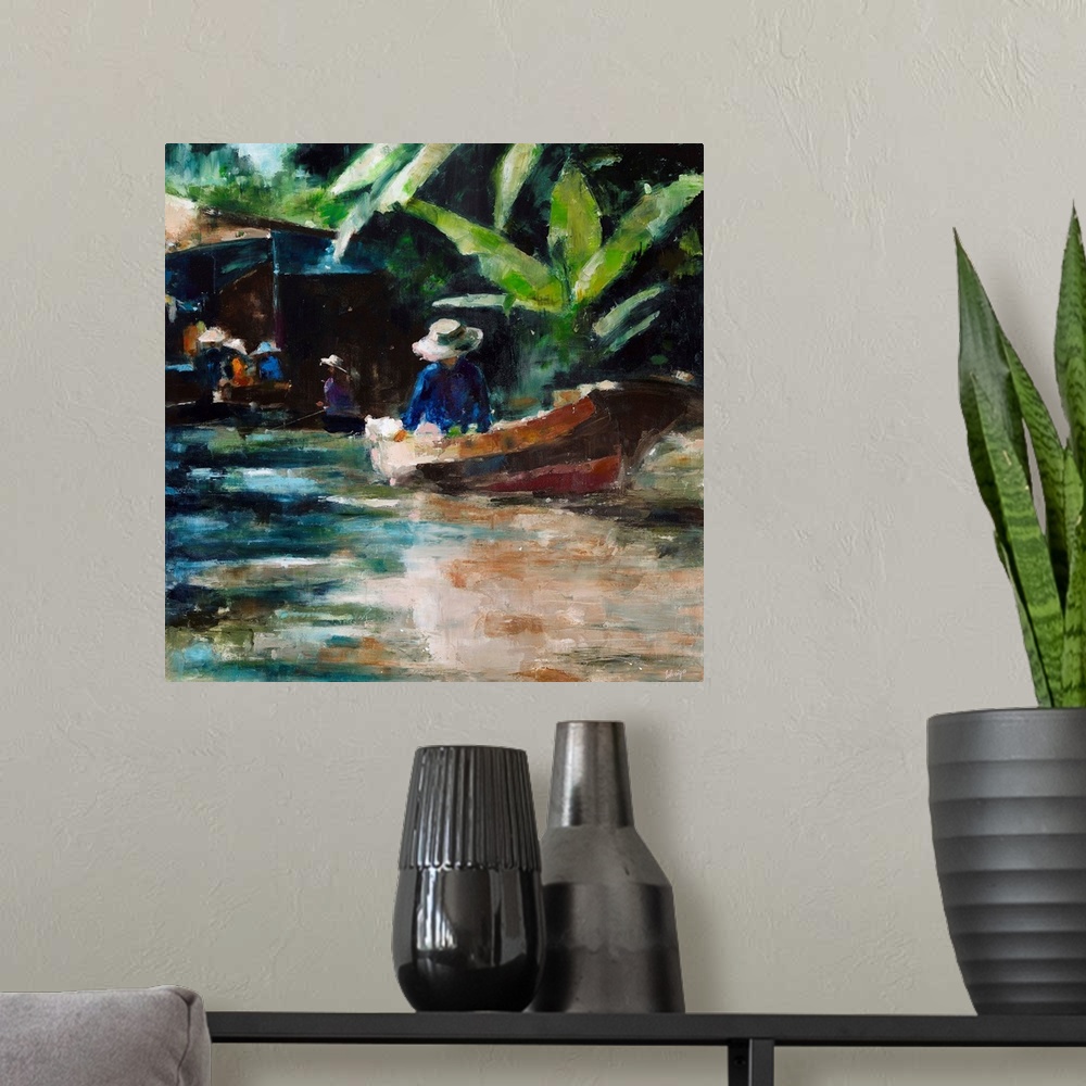 A modern room featuring Contemporary painting of a person in a boat on a river.