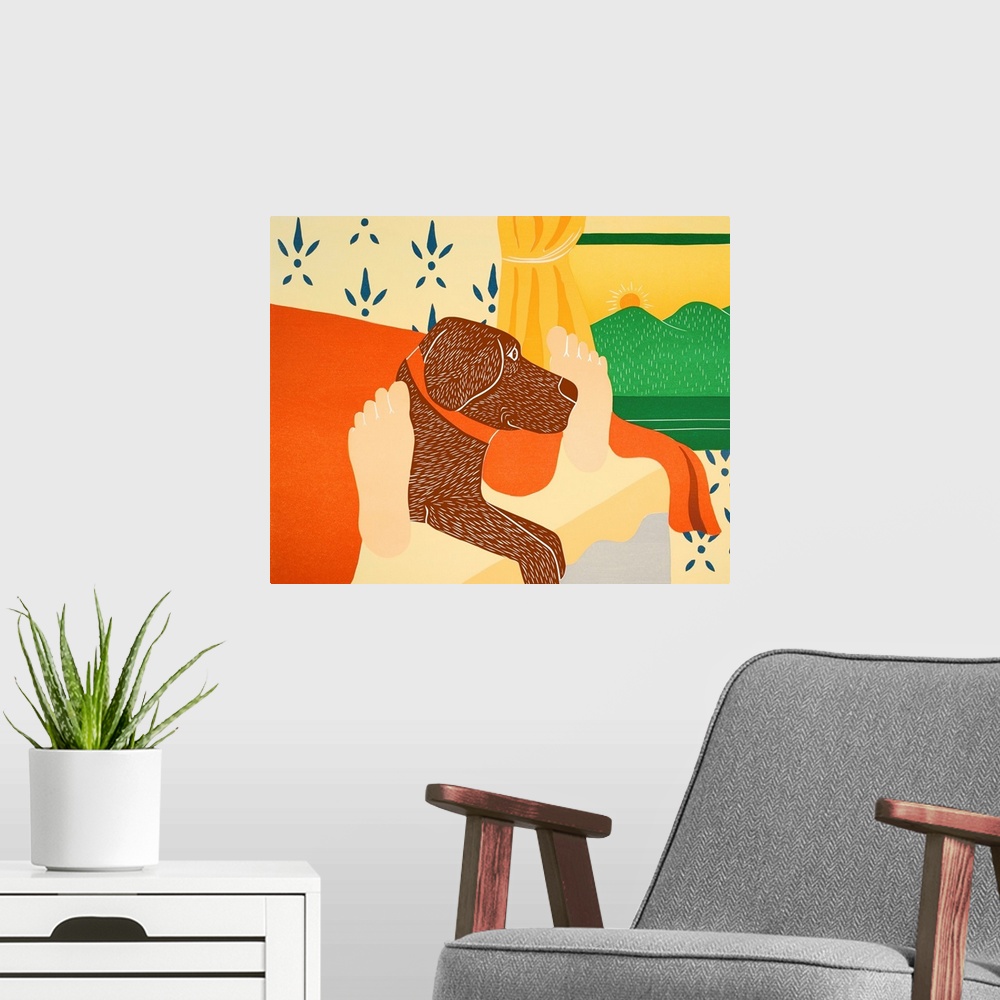 A modern room featuring Illustration of a chocolate lab laying in the middle of its owners feet at the foot of the bed in...