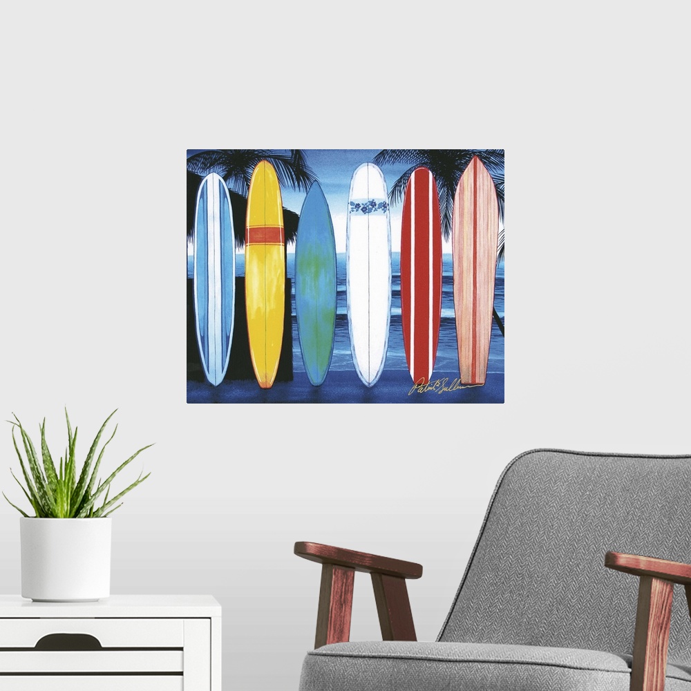 A modern room featuring Contemporary painting of surfboards lined up on a tropical beach.