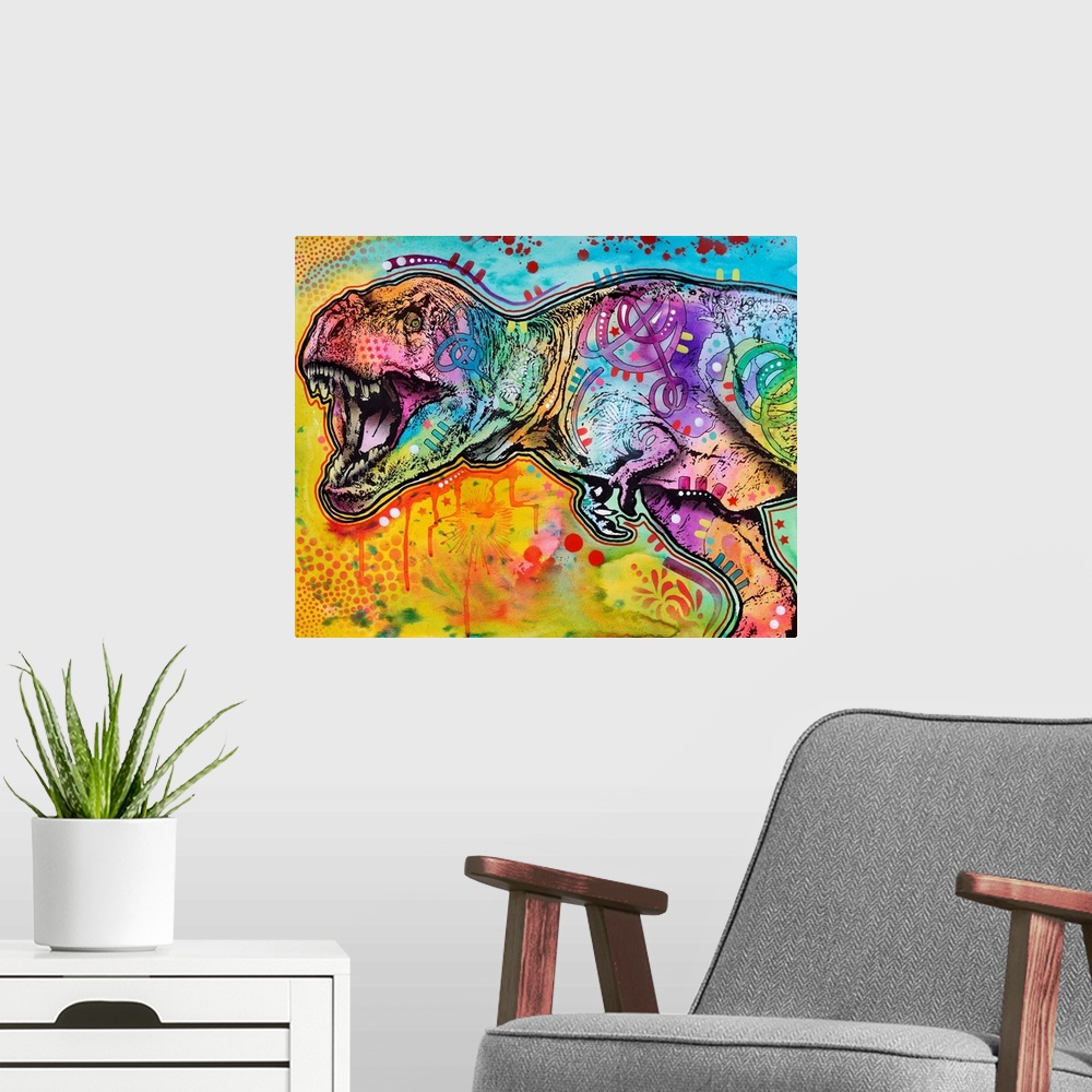 A modern room featuring Colorful illustration of a scary looking T-rex with abstract markings and designs.