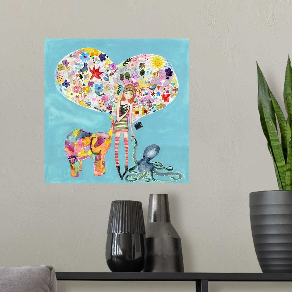 A modern room featuring A girl with an elephant and octopus with a heart full of flowers.