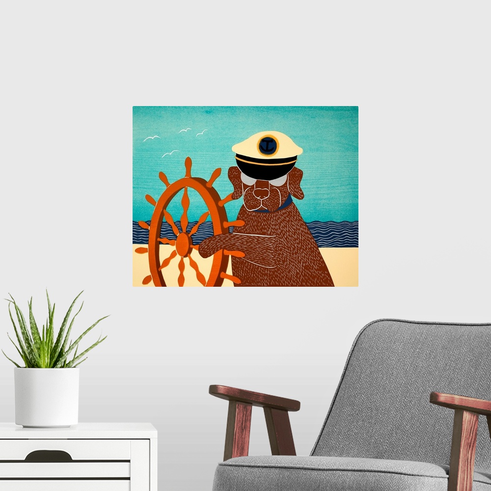 A modern room featuring Illustration of a chocolate lab wearing a sailors hat and pawing a ship wheel on the beach.