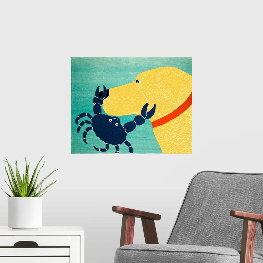 A modern room featuring Illustration of a yellow lab with a blue crab pinching its nose and ear.