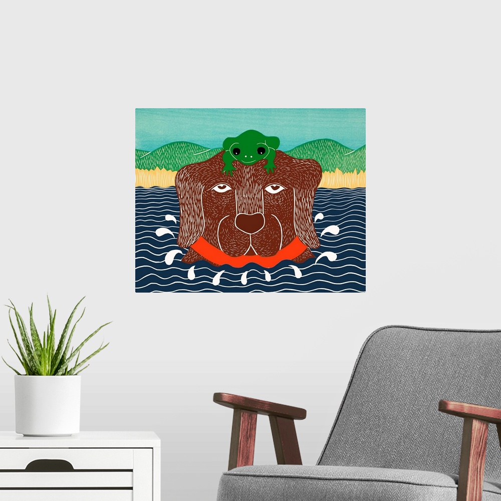 A modern room featuring Illustration of a chocolate lab in the water with a green frog on its head.