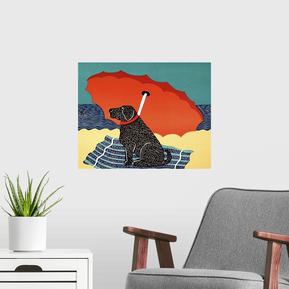 A modern room featuring Illustration of a black lab sitting on under a beach umbrella at the beach watching his owner swim.