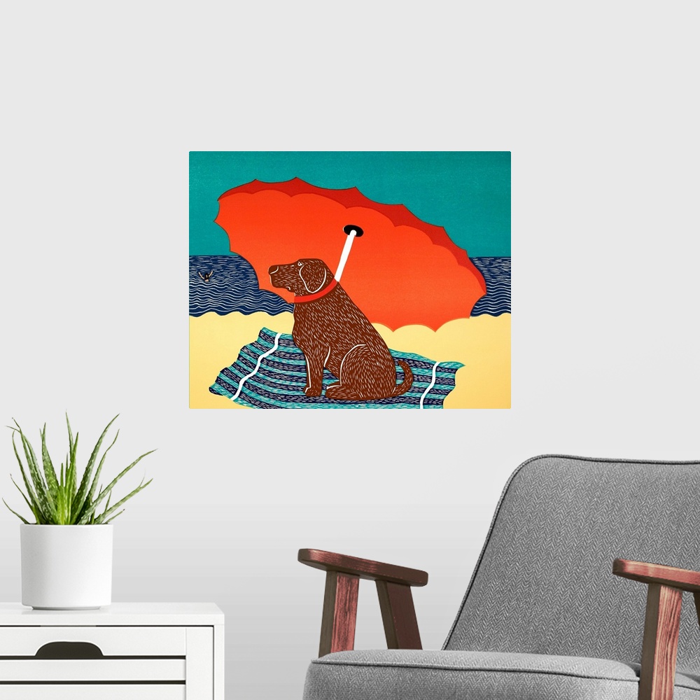 A modern room featuring Illustration of a chocolate lab sitting on under a beach umbrella at the beach watching his owner...
