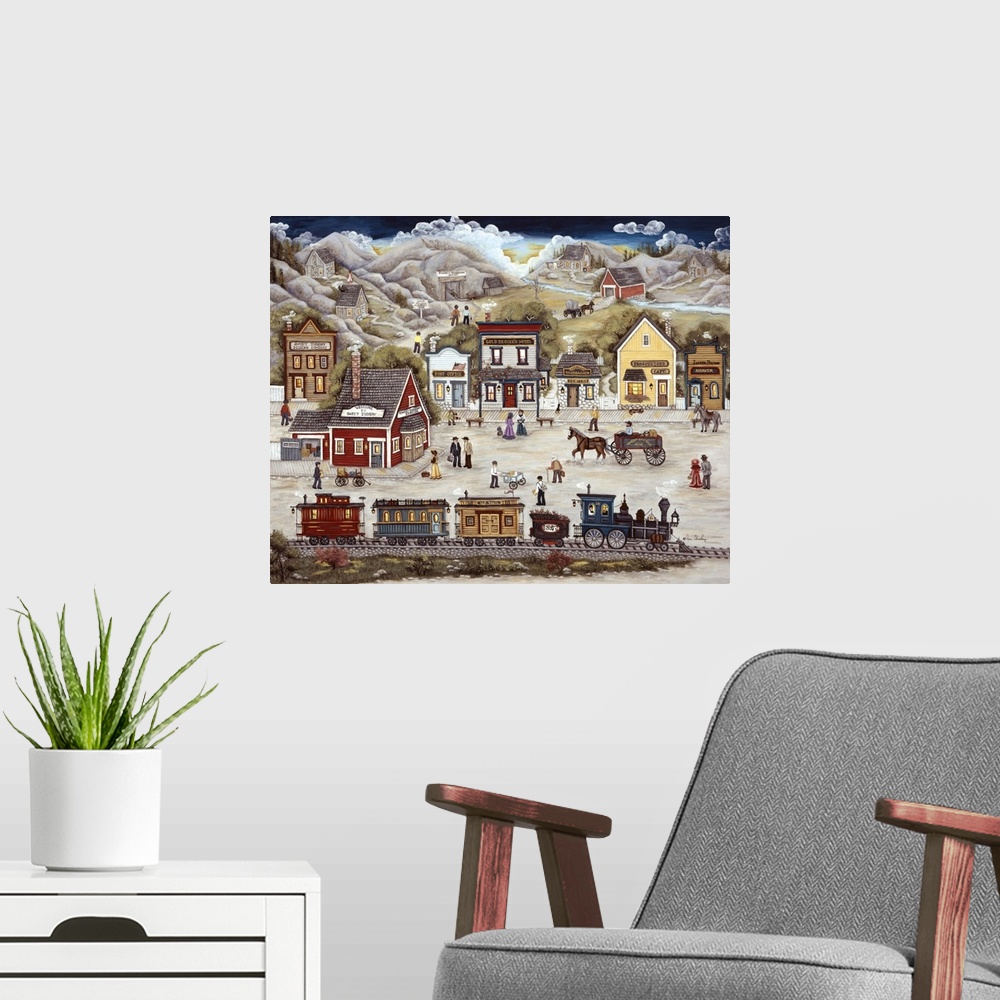 A modern room featuring A mining town with town folks walking and working, horses, trains, mountain, river.