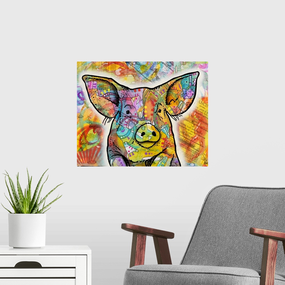 A modern room featuring Colorful illustration of a pig leaning over a fence with abstract designs all over and a collage ...