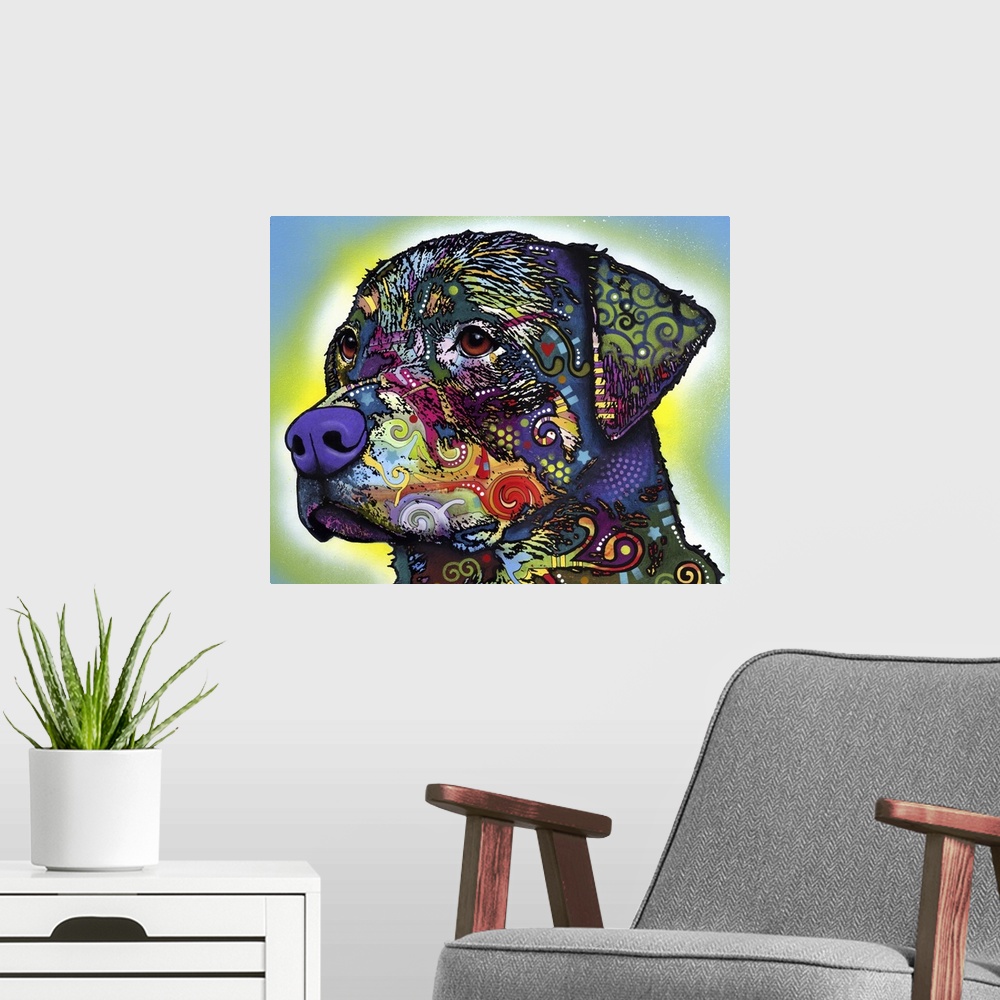 A modern room featuring Contemporary artwork of a dog's outline that is filled with several multicolored patterns.