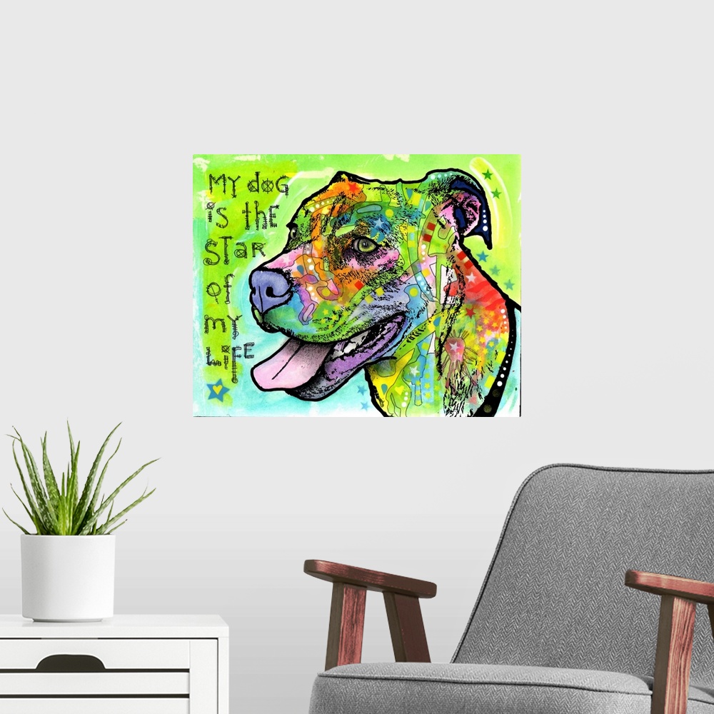 A modern room featuring Contemporary stencil painting of a pit bull filled with various colors and patterns with text, "M...
