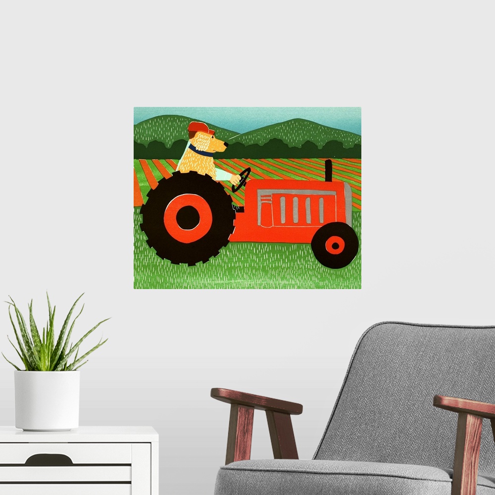 A modern room featuring Illustration of a yellow lab riding on a red tractor with its owner.