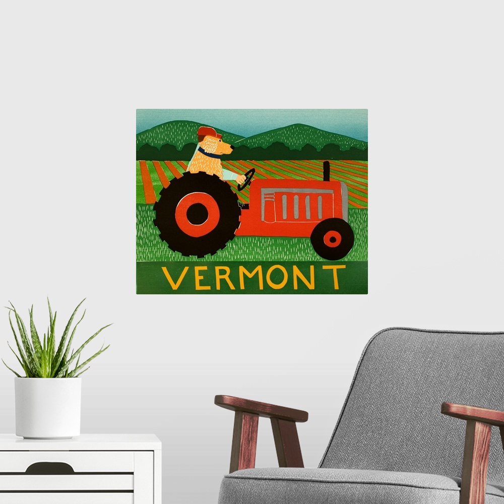 A modern room featuring Illustration of a yellow lab riding on a red tractor with its owner with "Vermont" written at the...