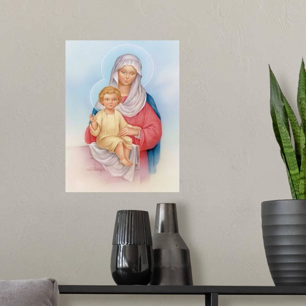 A modern room featuring The Virgin Mary holding baby Jesus