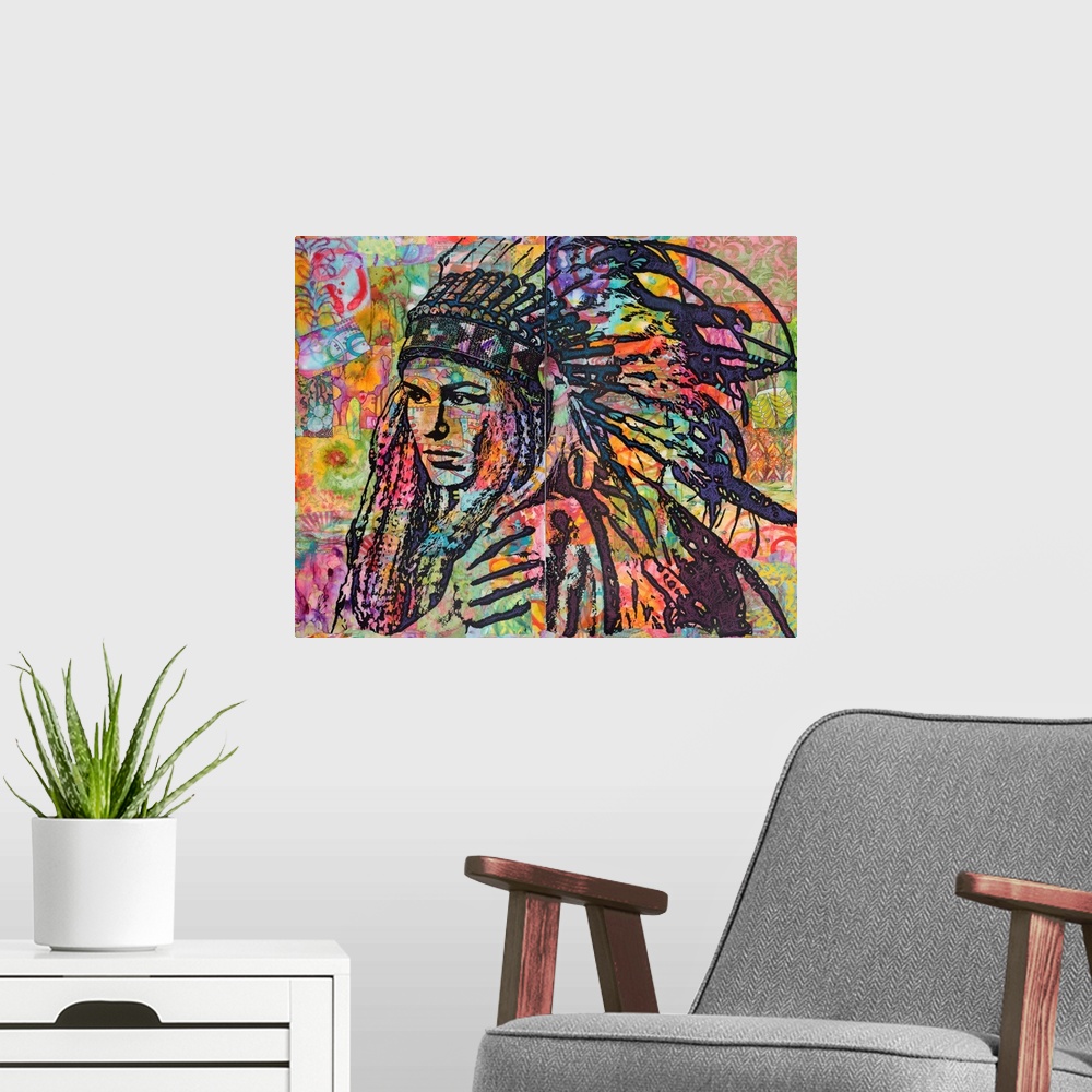 A modern room featuring Colorful illustration of Tiva in a head dress on a collage-like background.