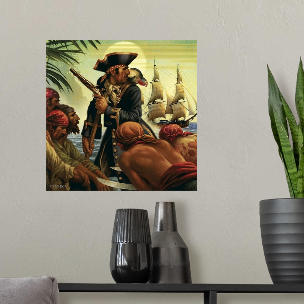 A modern room featuring Pirate with his crew, ship, and a parrot on his shoulder.