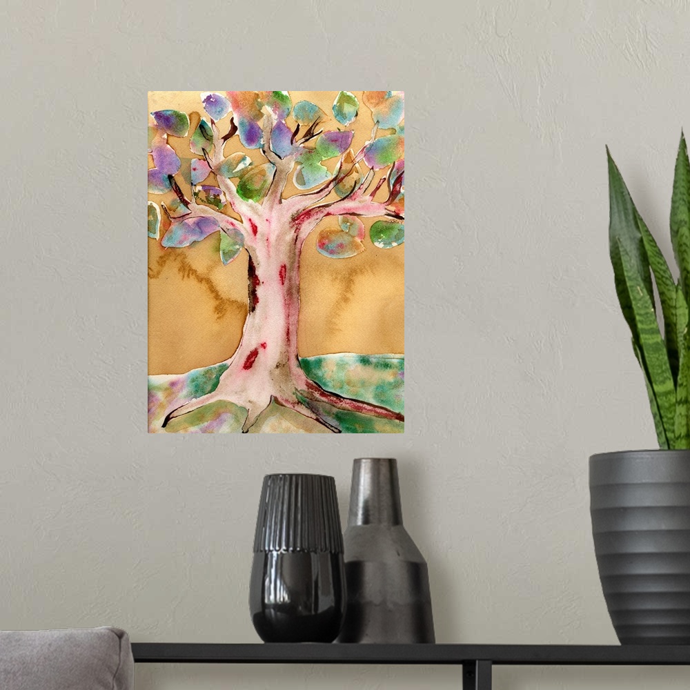 A modern room featuring A tall tree with multicolored leaves.