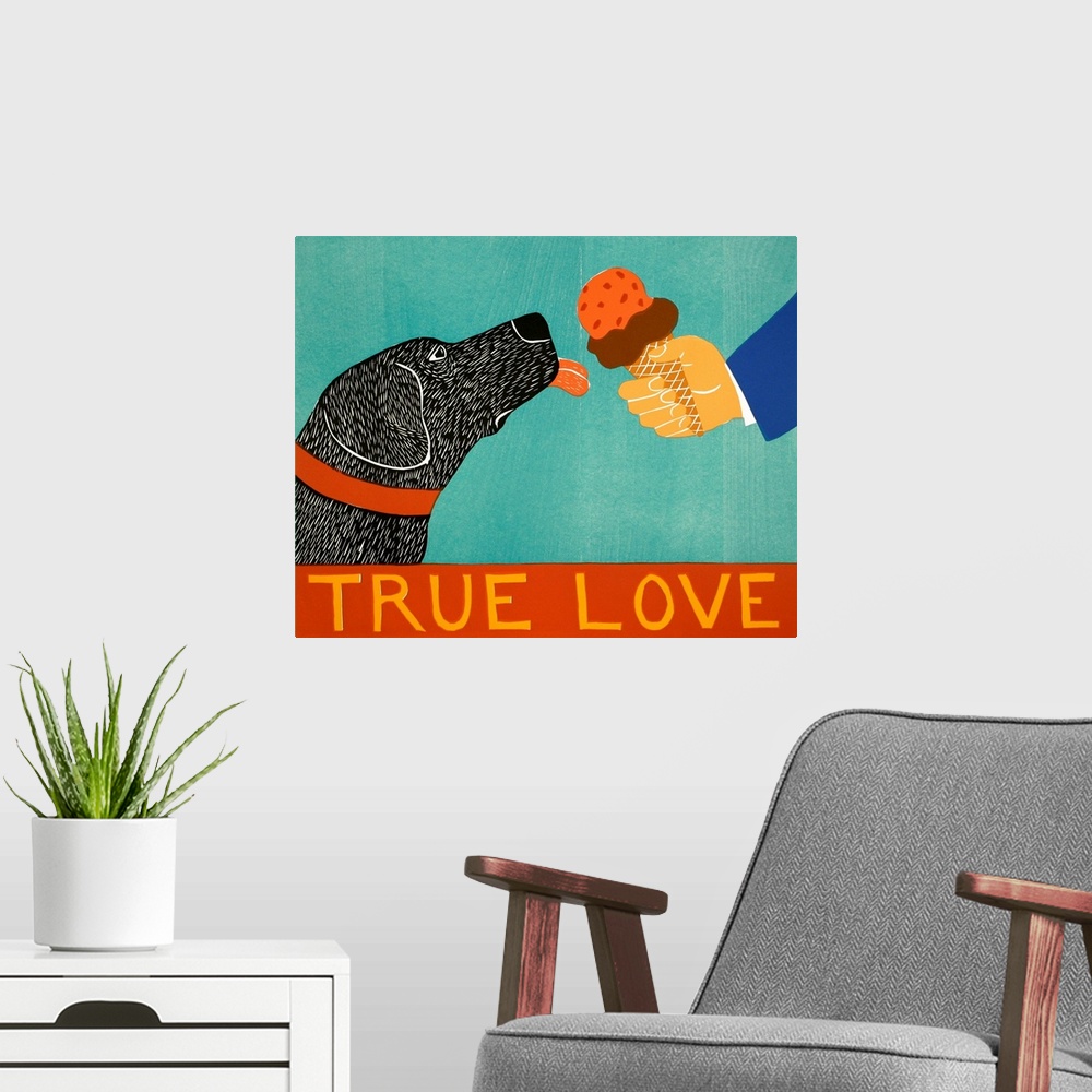 A modern room featuring Illustration of a black lab about to lick an ice cream cone with the phrase "True Love" written a...