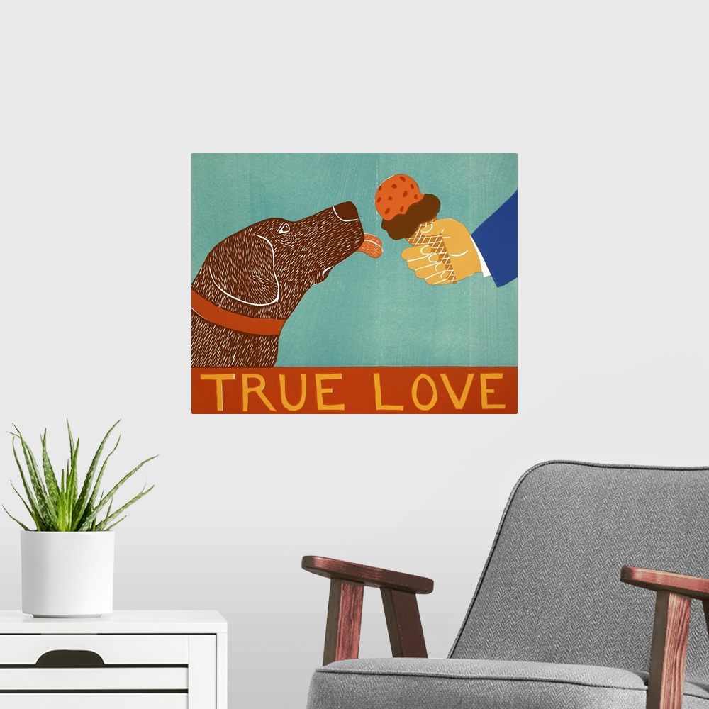 A modern room featuring Illustration of a chocolate lab about to lick an ice cream cone with the phrase "True Love" writt...