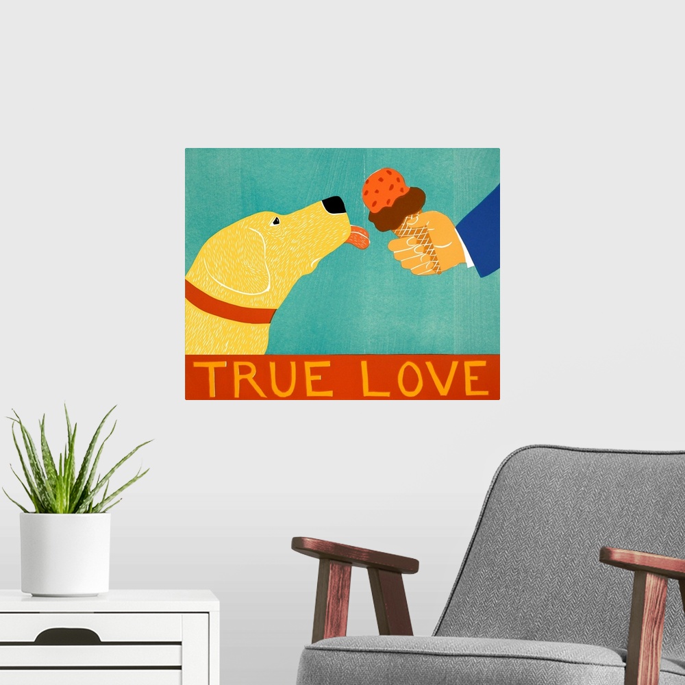 A modern room featuring Illustration of a yellow lab about to lick an ice cream cone with the phrase "True Love" written ...