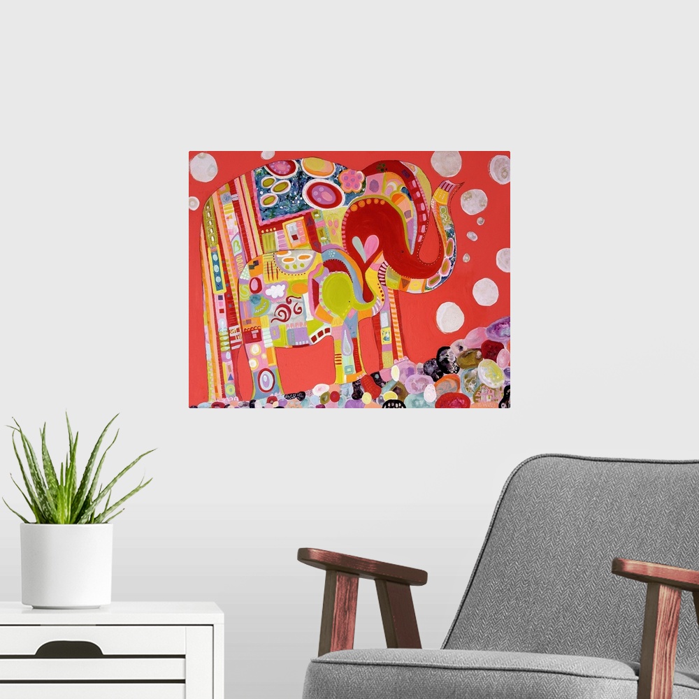 A modern room featuring Two colorful patterned elephants against a red sky.