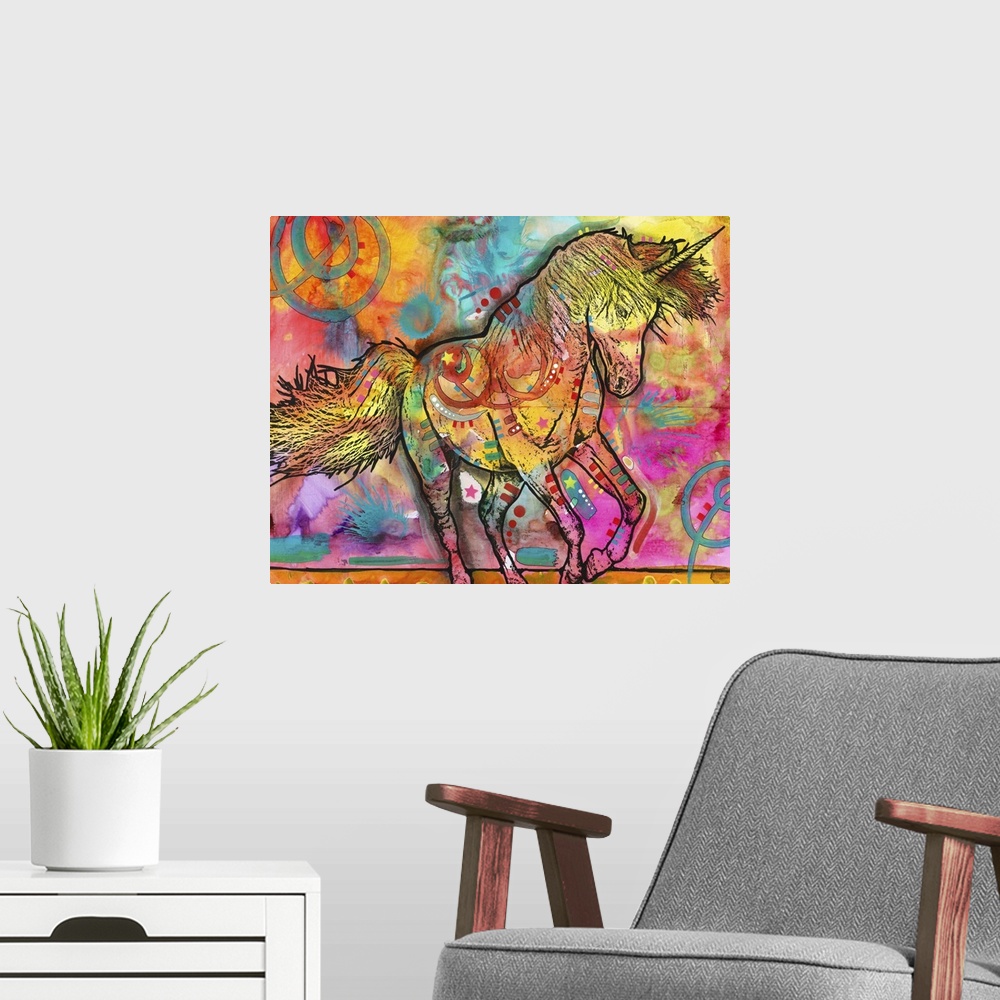 A modern room featuring Colorful painting of a unicorn covered in abstract designs.