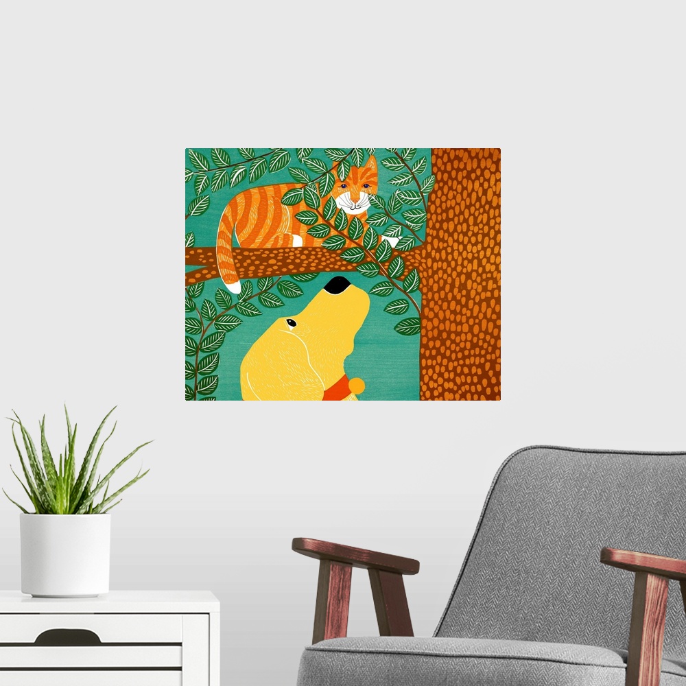 A modern room featuring Illustration of a yellow lab looking up at an orange striped cat sitting on a tree branch.