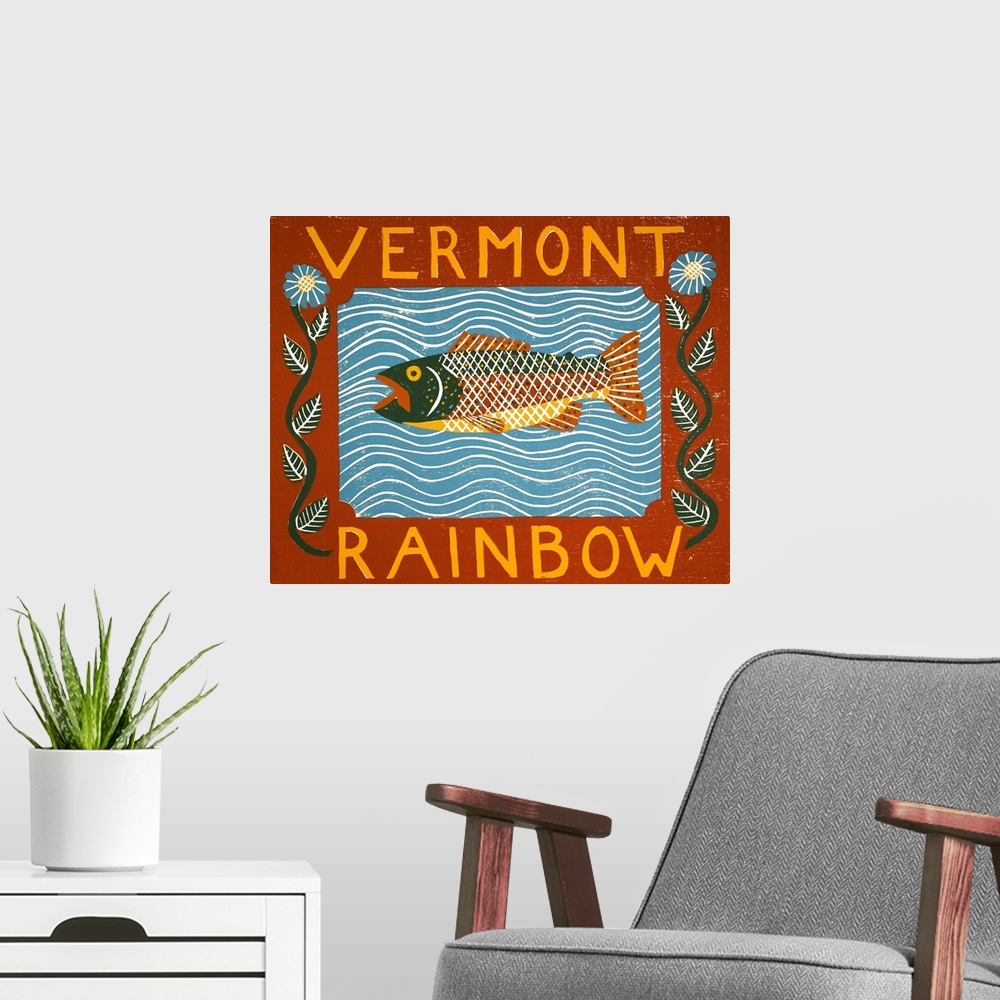 A modern room featuring Illustration of a rainbow trout in the water framed with a floral frame with the words "Vermont R...