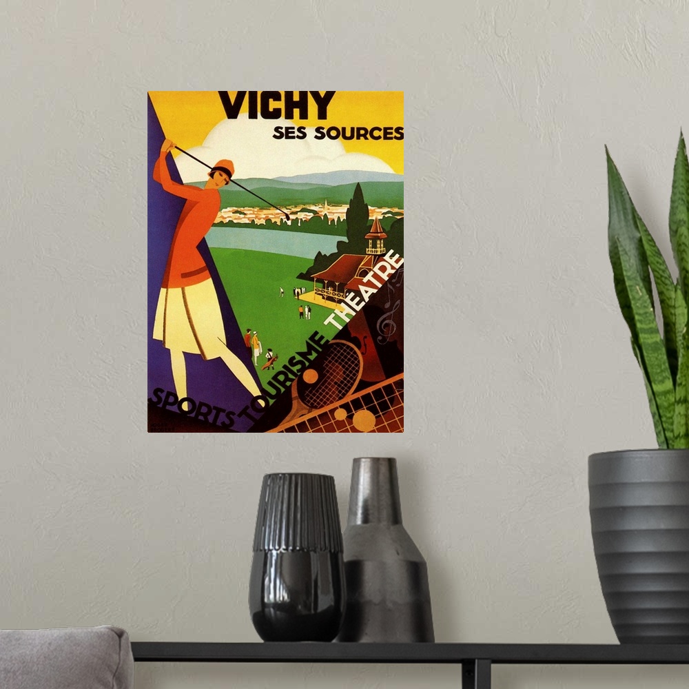 A modern room featuring Vintage poster advertisement for Vichy Ses Sources.