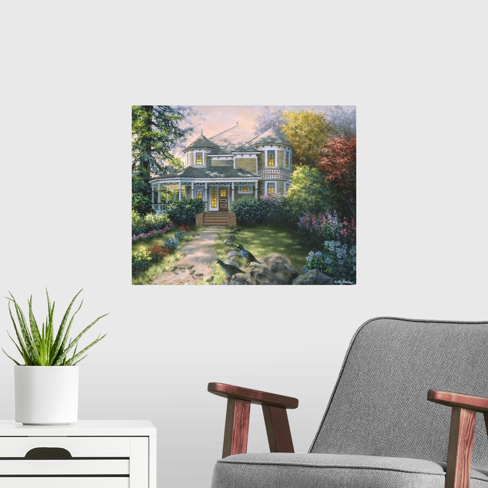 A modern room featuring Painting of a large Victorian house with glowing windows. Product is a painting reproduction only...