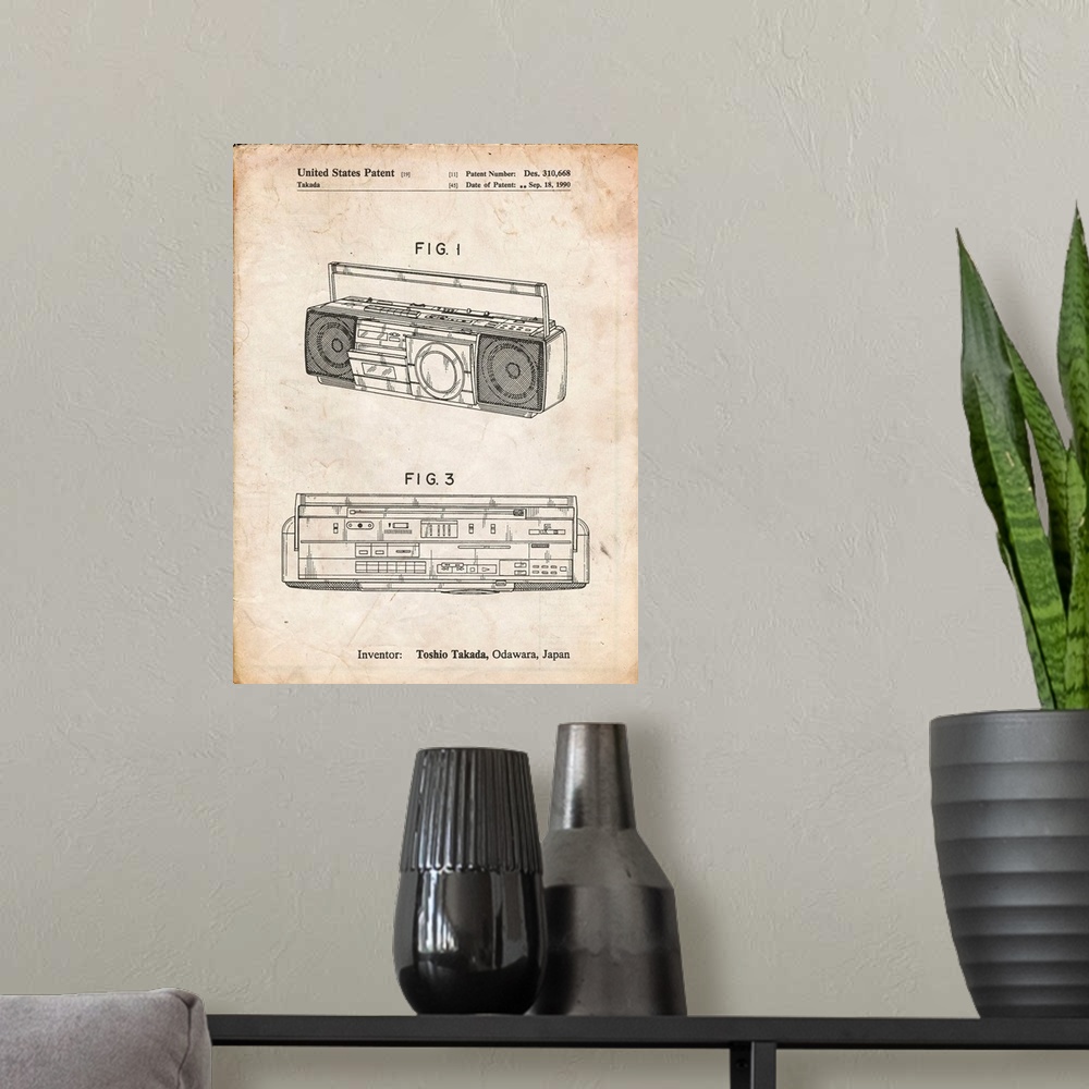 A modern room featuring Vintage Parchment Boom Box Patent Poster