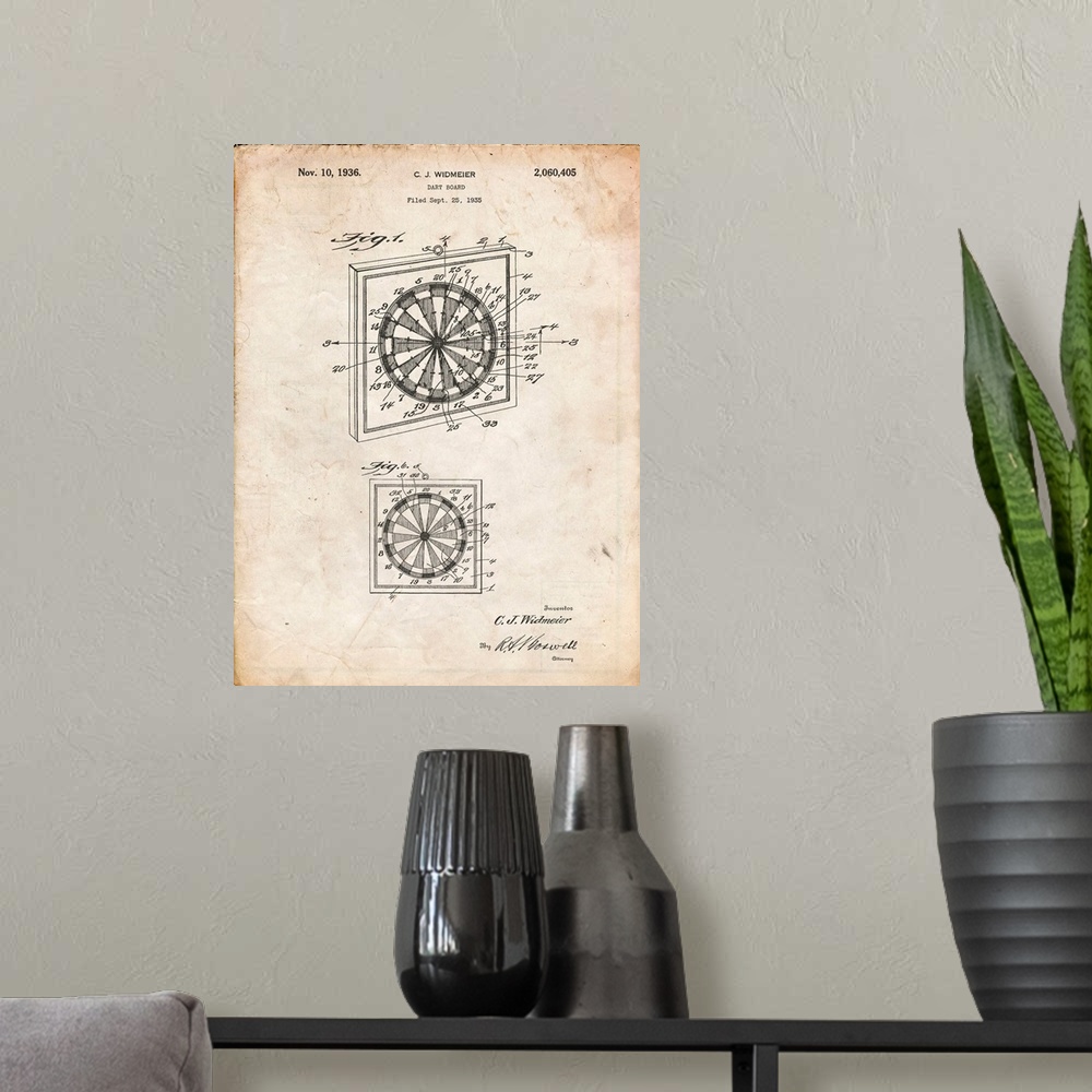 A modern room featuring Vintage Parchment Dart Board 1936 Patent Poster