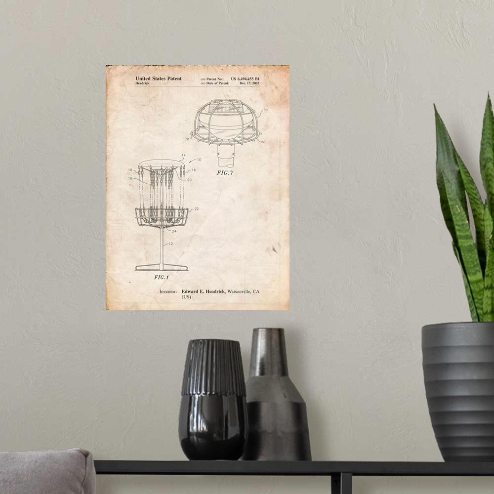 A modern room featuring Vintage Parchment Disc Golf Basket Patent Poster