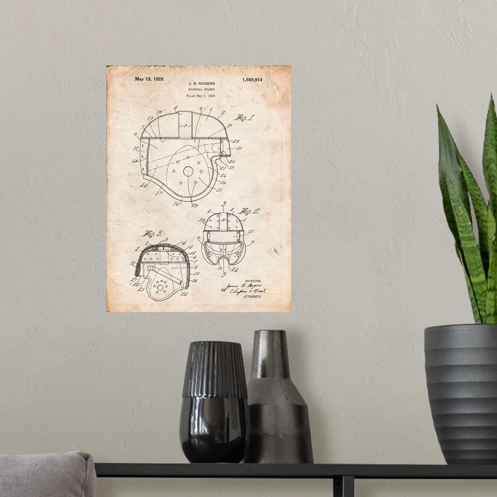 A modern room featuring Vintage Parchment Football Helmet 1925 Patent Poster