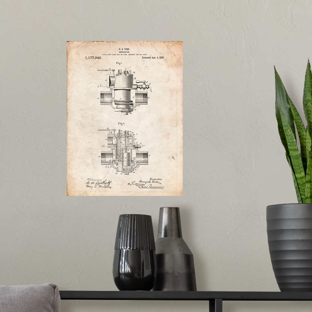 A modern room featuring Vintage Parchment Ford Carburetor 1916 Patent Poster
