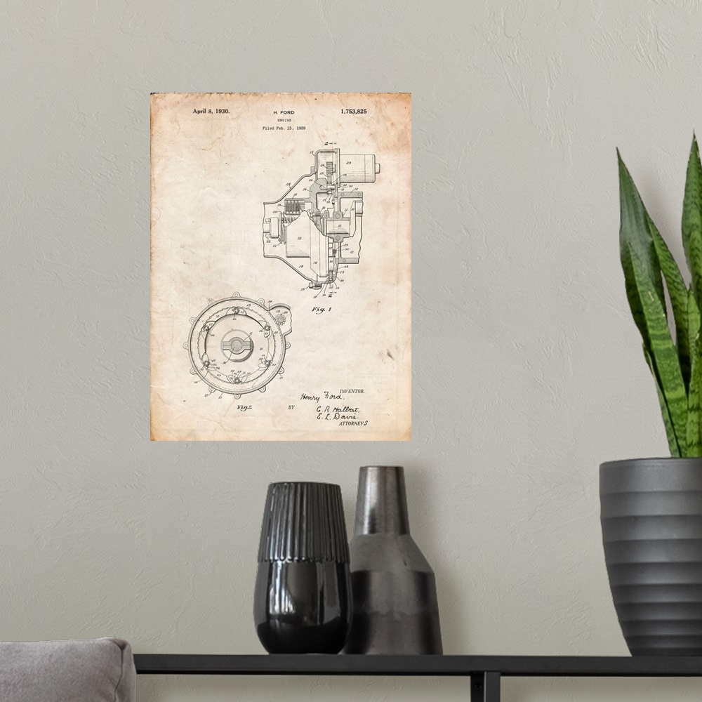 A modern room featuring Vintage Parchment Ford Engine 1930 Patent Poster