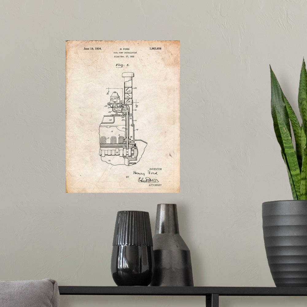 A modern room featuring Vintage Parchment Ford Fuel Pump 1933 Patent Poster