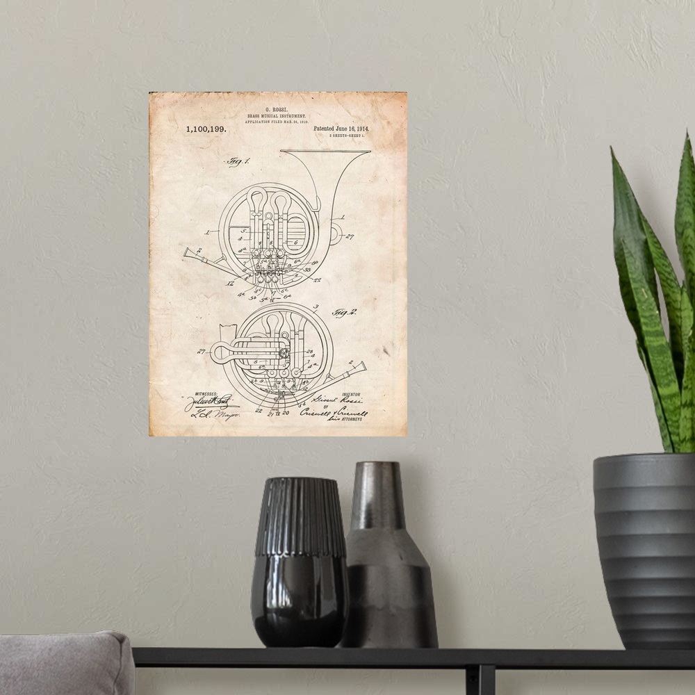 A modern room featuring Vintage Parchment French Horn 1914 Patent Poster