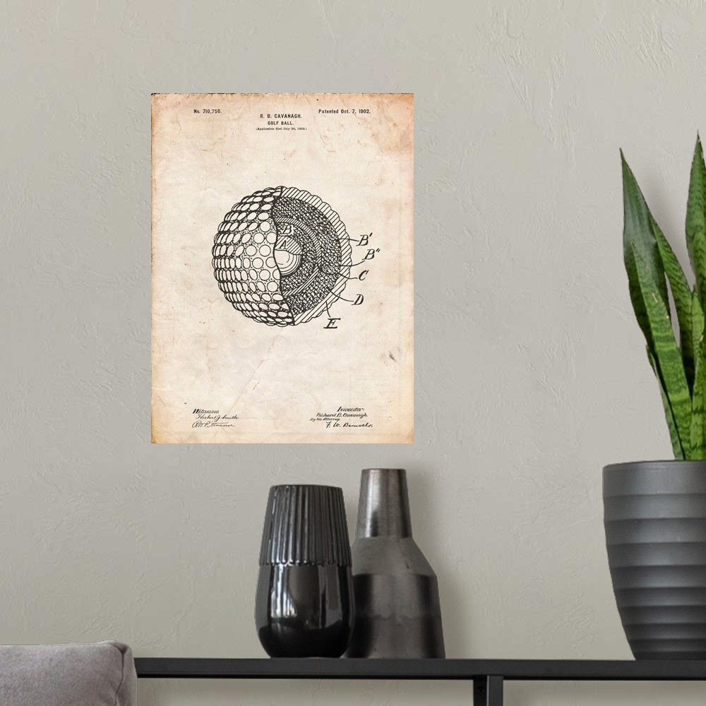 A modern room featuring Vintage Parchment Golf Ball 1902 Patent Poster